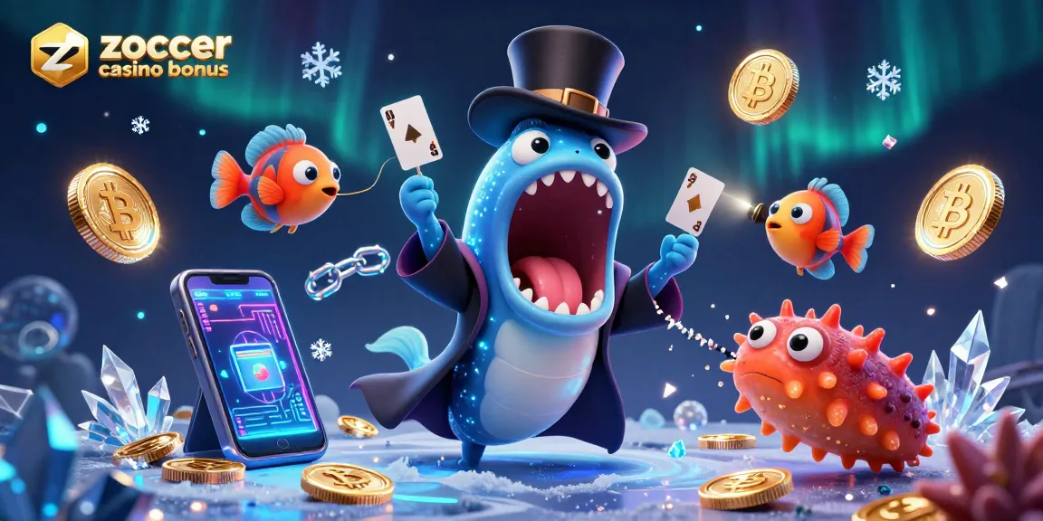Experience the excitement of the zoccer casino bonus with a lively 3D illustration featuring animated sea creatures in a magical performance.