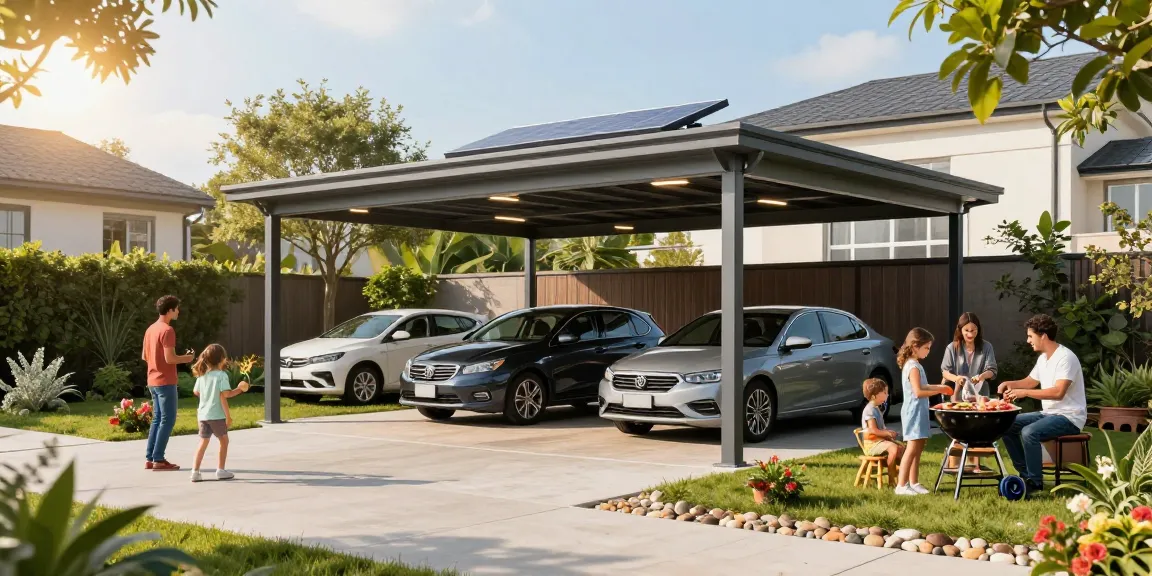 Moderne Carport mit eleganter Metallkonstruktion, umgeben von einem schönen Garten und einer Familie beim Grillen.