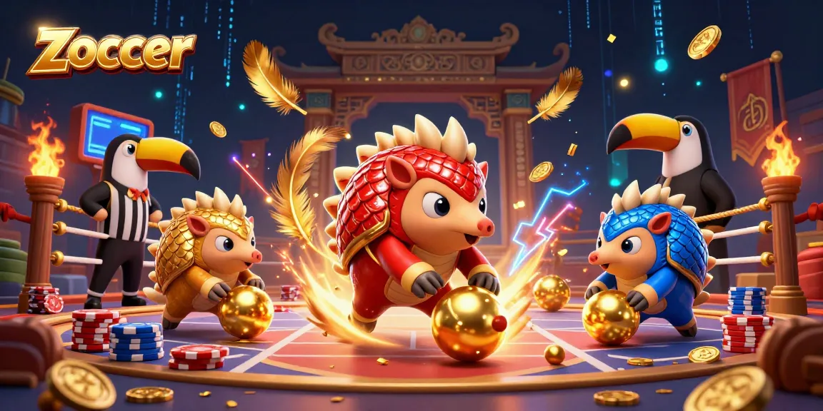 Zoccer pangolins battle with golden casino chips in an energetic gambling-themed scene.
