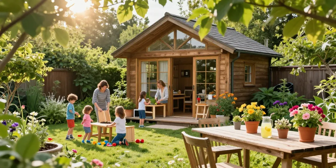 Ein Gartenhaus inmitten eines blühenden Gartens, ideal für entspannte Nachmittage im Freien.