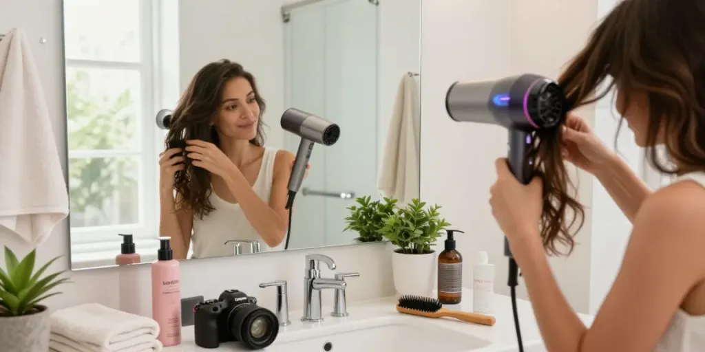 Frau benutzt den Laifen-Föhn in einem modernen Badezimmer, um ihr Haar zu stylen.