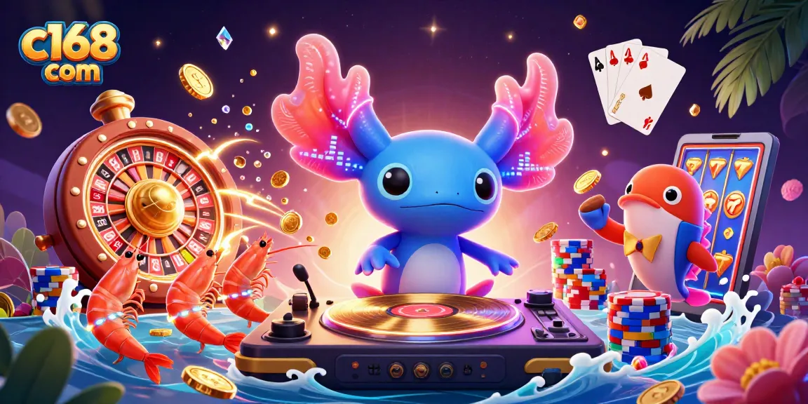 Experience vibrant action at c168 com with a lively neon axolotl DJ and sparkling casino elements.