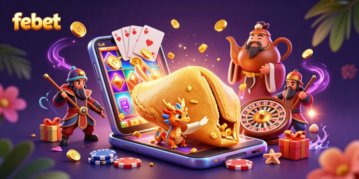 Experience the thrill of playing at febet with a vibrant 3D illustration of a golden fortune cookie and casino elements.