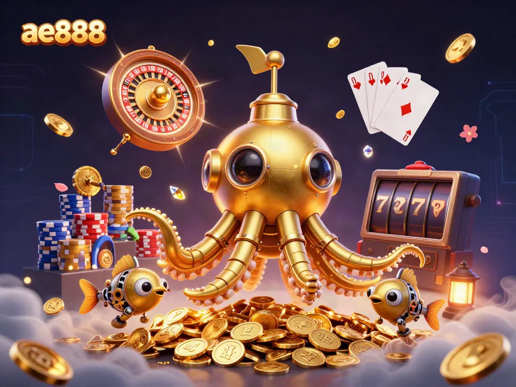 Experience the vibrant casino world with ae888, featuring a golden kraken submarine amidst golden coins.