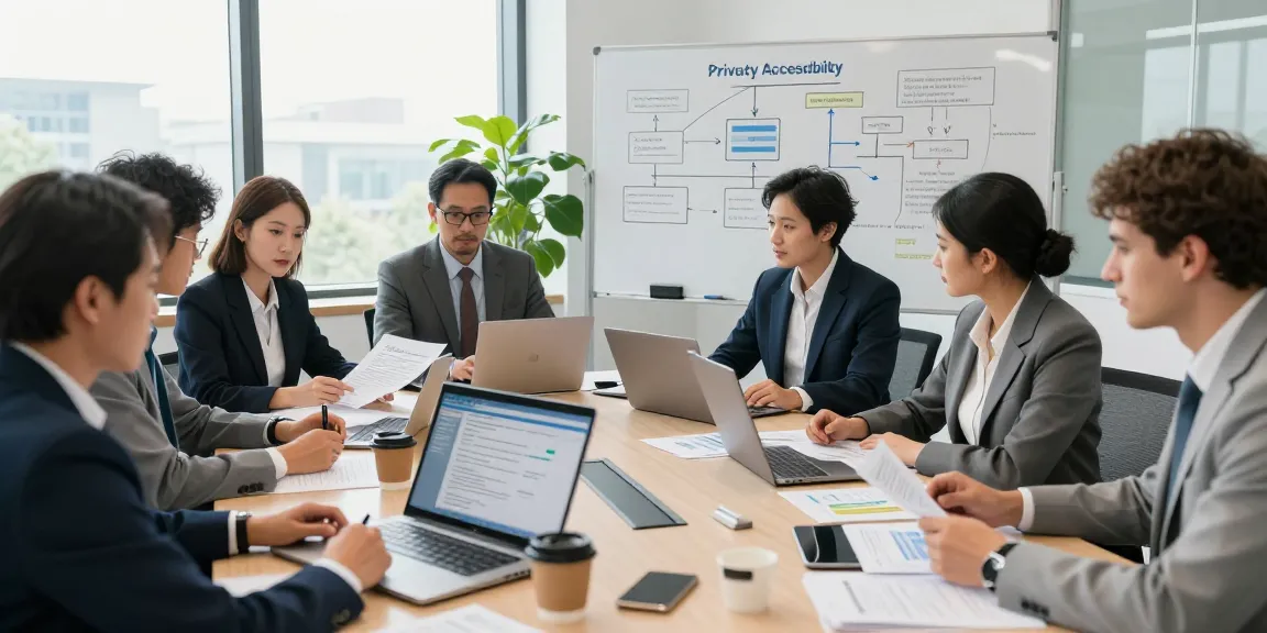 Public administration team discussing Datenschutz und Barrierefreiheit für Öffentliche und gemeinnützige Einrichtungen Kommunen in a professional office setting.