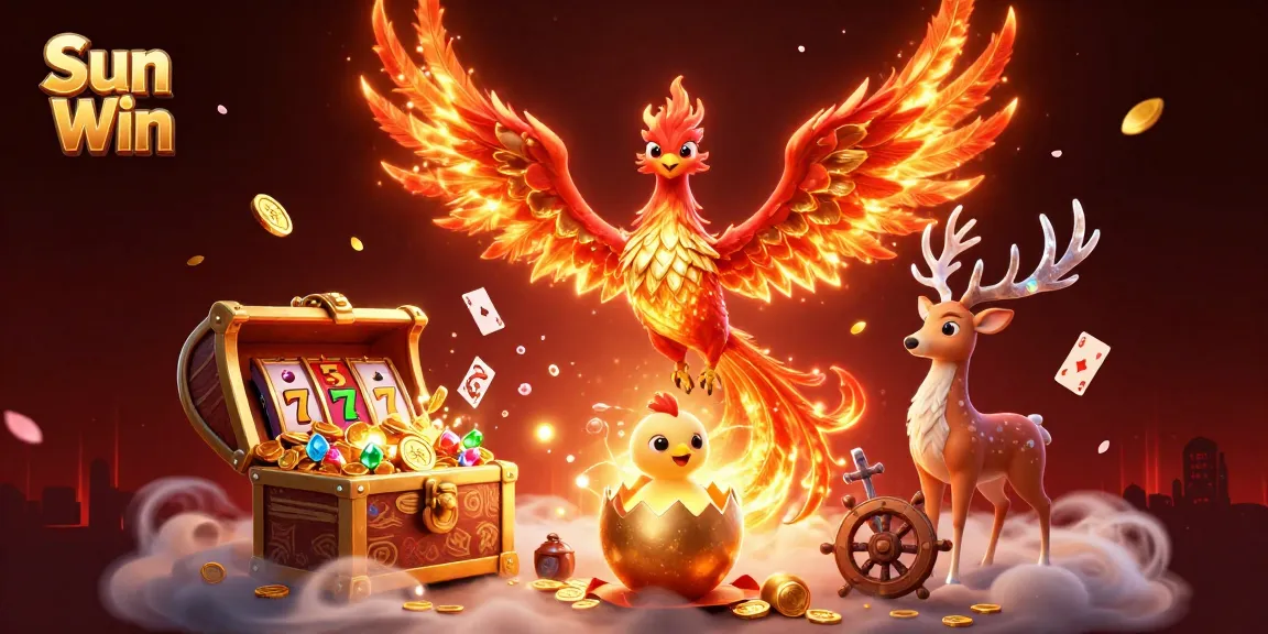 Engage in thrilling gameplay with Sun Win, featuring vibrant slot elements and fiery phoenix graphics.