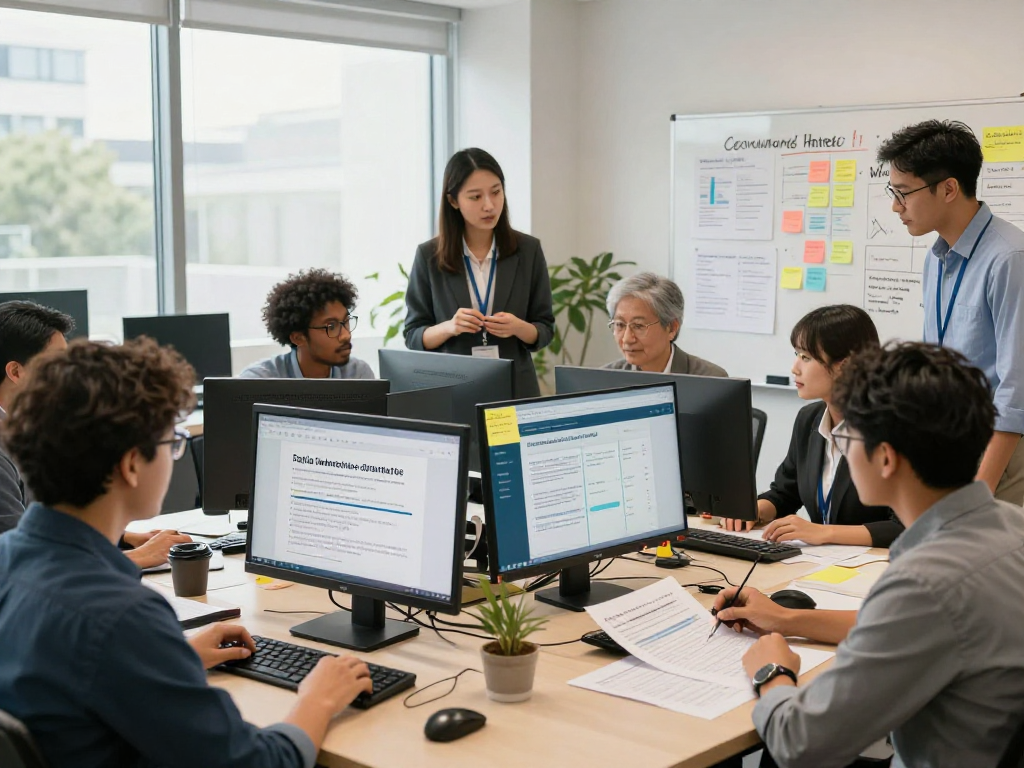 Öffentliche und gemeinnützige Einrichtungen Kommunen arbeiten an Barrierefreiheit und Datenschutz in modernem Büro.