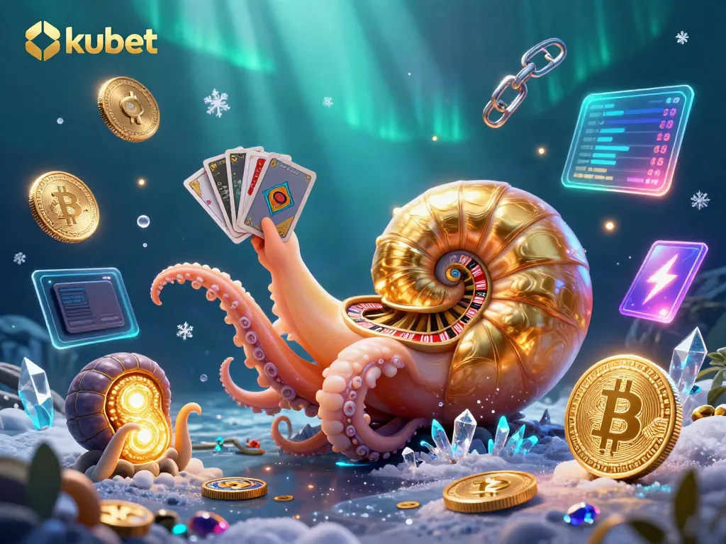 Kubet casino features an enchanting scene with a giant nautilus roulette wheel, colorful cryptocurrency coins, and glowing cards, inviting players to explore riches.