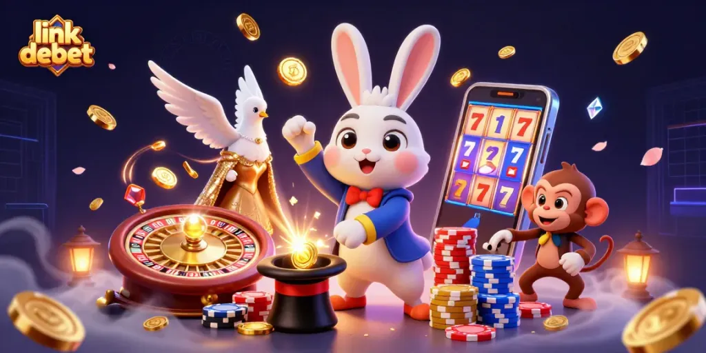 Experience the thrill of gambling with link debet in this dynamic casino scene featuring a magician and more.