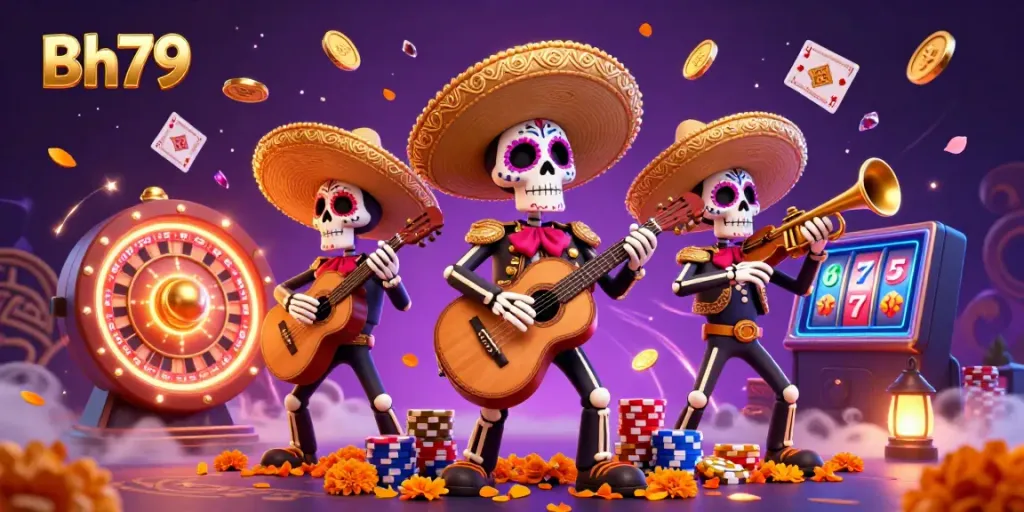 Engage in thrilling gameplay at Bh79, highlighted by vibrant casino elements like spinning roulettes and golden coins.