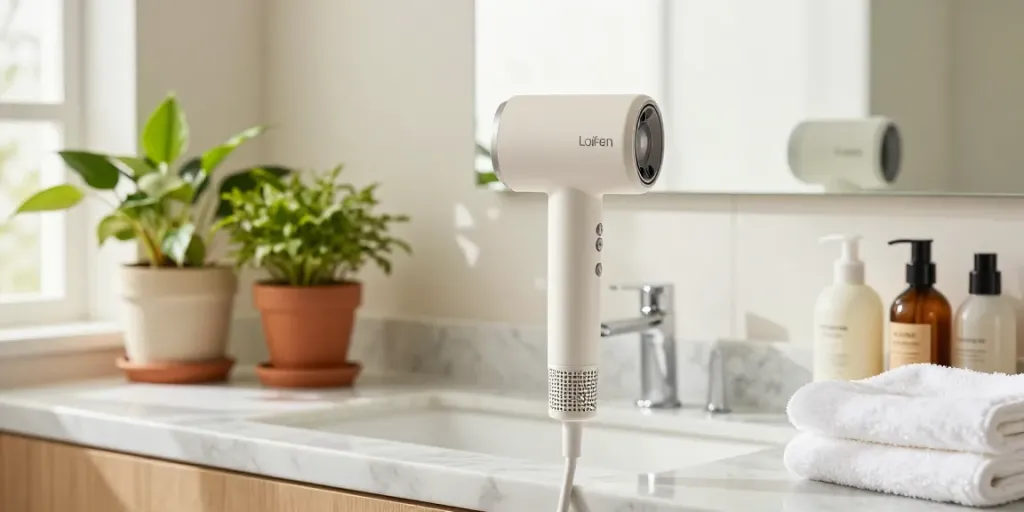 Der Laifen Föhn auf einem Marmorwaschtisch in einem hellen Badezimmer, umgeben von Pflanzen und luxuriösen Toilettenartikeln.