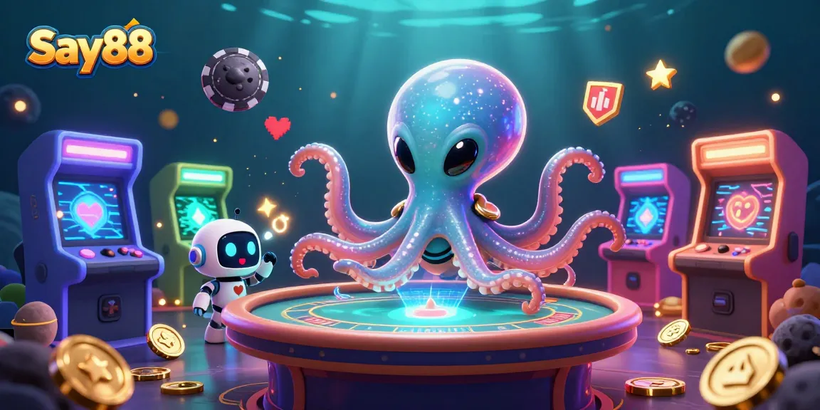 Experience cosmic gambling excitement as Say88's alien octopus deals cards in a vibrant casino.