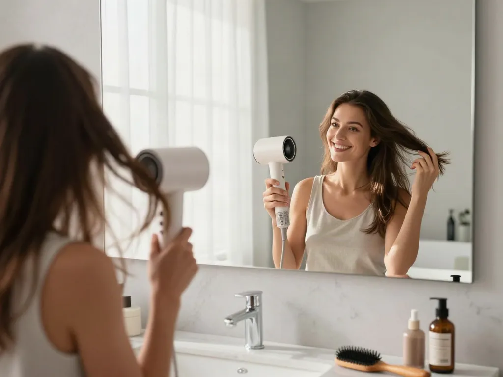 Eine Person verwendet den laifen föhn, um das Haar im modernen Badezimmer zu stylen, lichtdurchflutet und einladend.