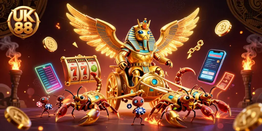 Experience thrilling action at UK 88 with golden scarab characters amidst exciting casino slots and crypto elements.