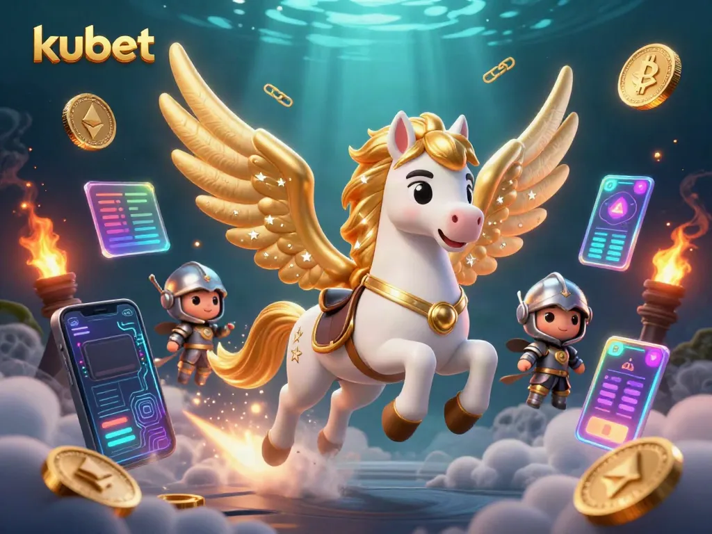 Experience exciting kubet gameplay with a dynamic 3D scene of a celestial horse and knight amidst crypto elements.