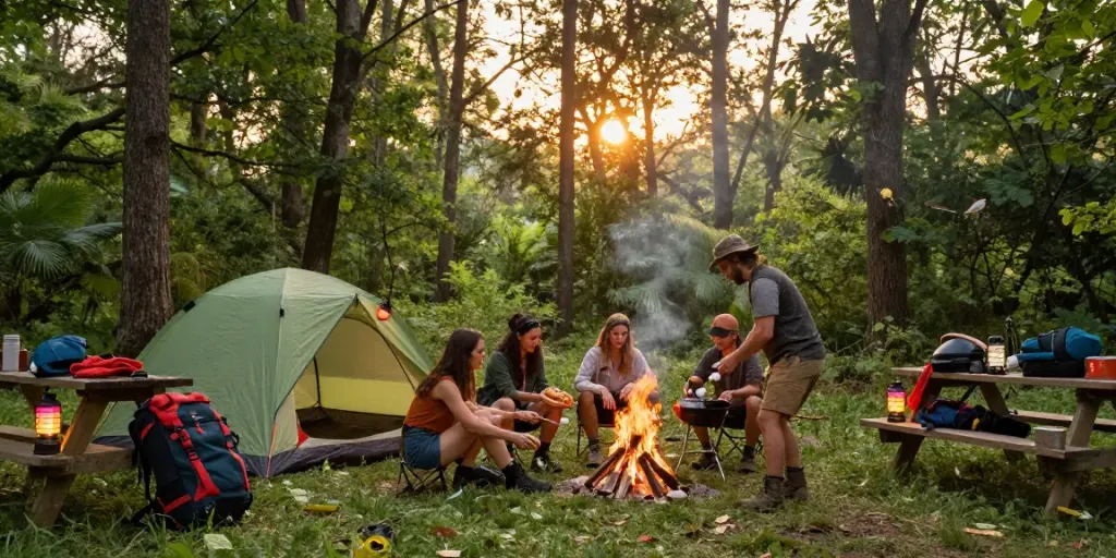 Friends enjoying a camping trip with rokok88 alternatif gear, gathered around a campfire in a beautiful forest.