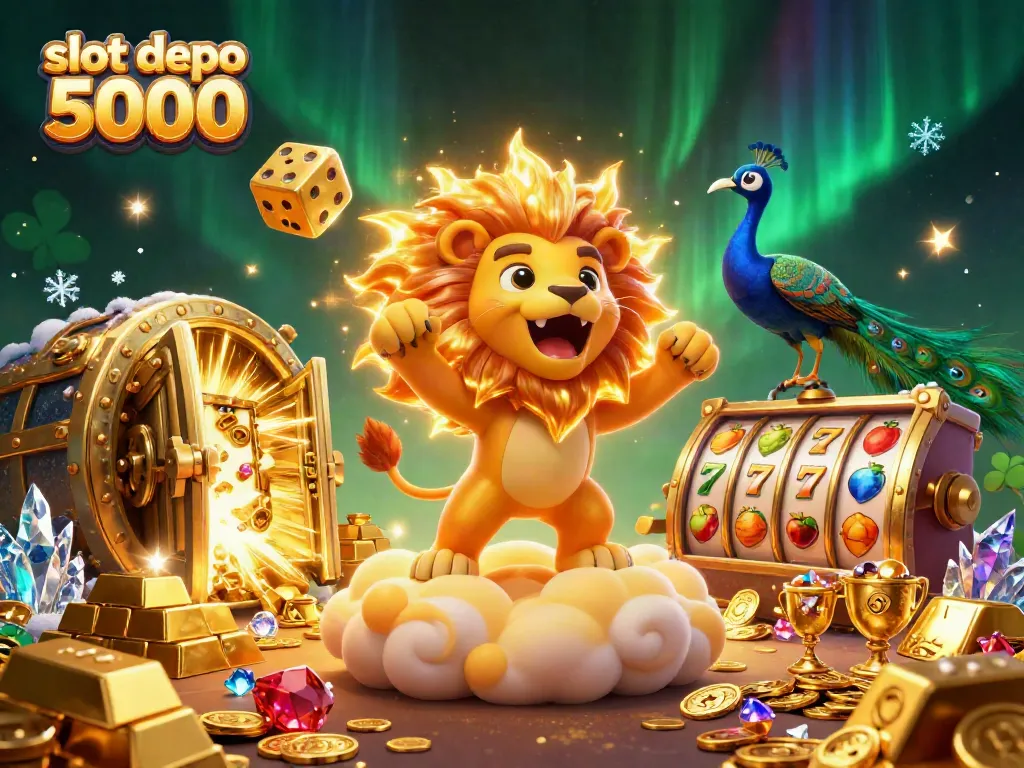 Experience the excitement of slot depo 5000 with a vibrant 3D digital illustration featuring a roaring lion and colorful reels.