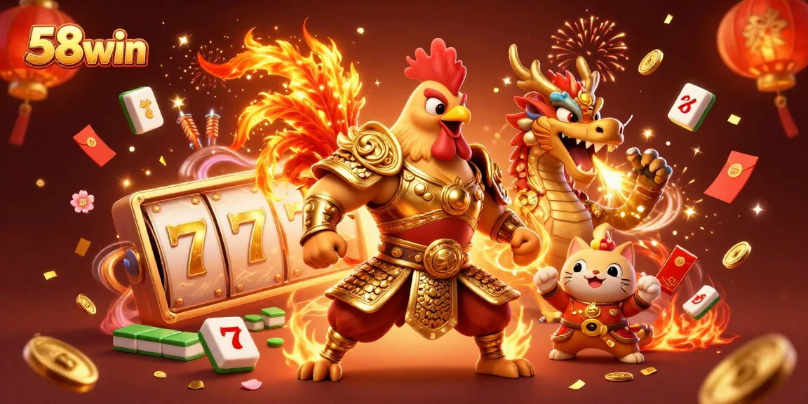 Engage with 58win's exciting slot reels and characters in a vibrant casino celebration scene.