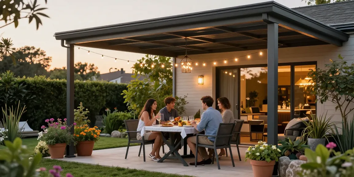 Terrassenüberdachung freistehend im Garten, beim Essen mit Freunden unter einem modernen Dach aus Aluminium.