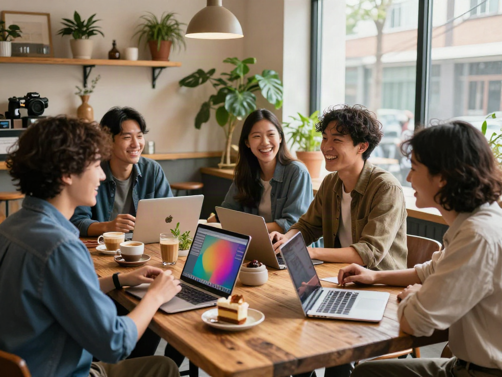 Group of friends enjoying coffee and conversations at rokok88 café.